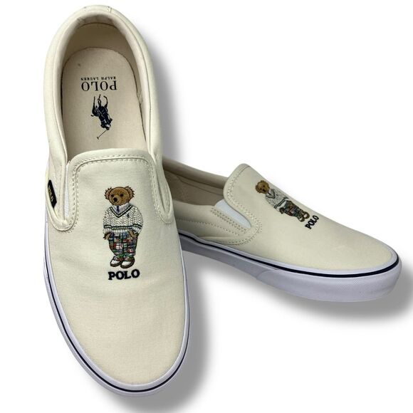 POLO RALPH LAUREN Sneakers Mens 9.5 Cream Canvas Slip On MADRAS BEAR Keaton Boat main image 10